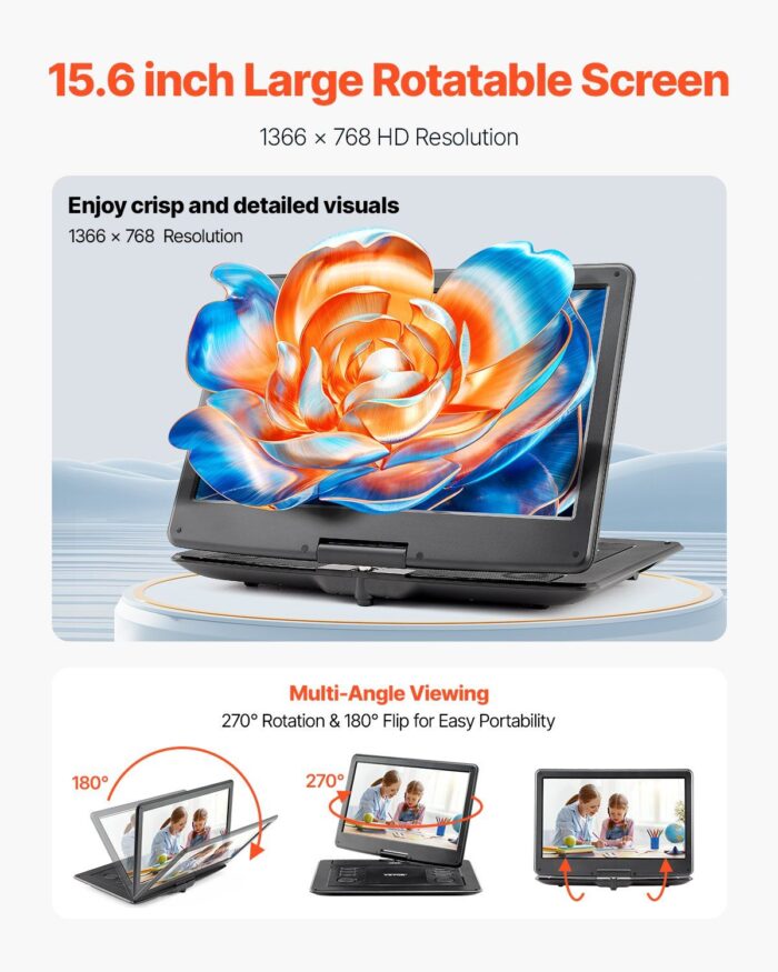 Portable DVD Player 15.6 inch HD Swivel Display Screen 4.5-5 H Built-in Battery - Image 2