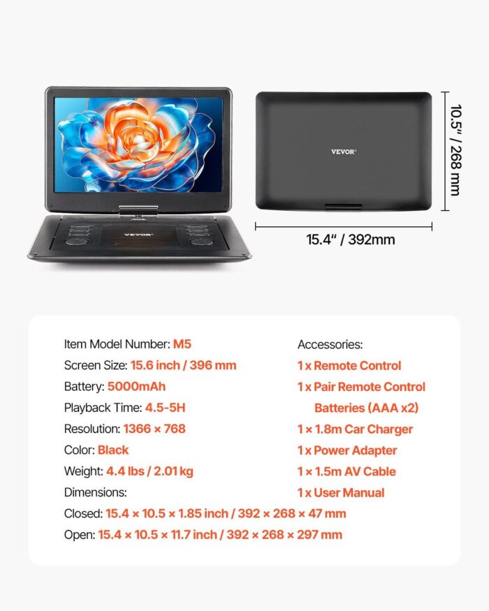 Portable DVD Player 15.6 inch HD Swivel Display Screen 4.5-5 H Built-in Battery - Image 7