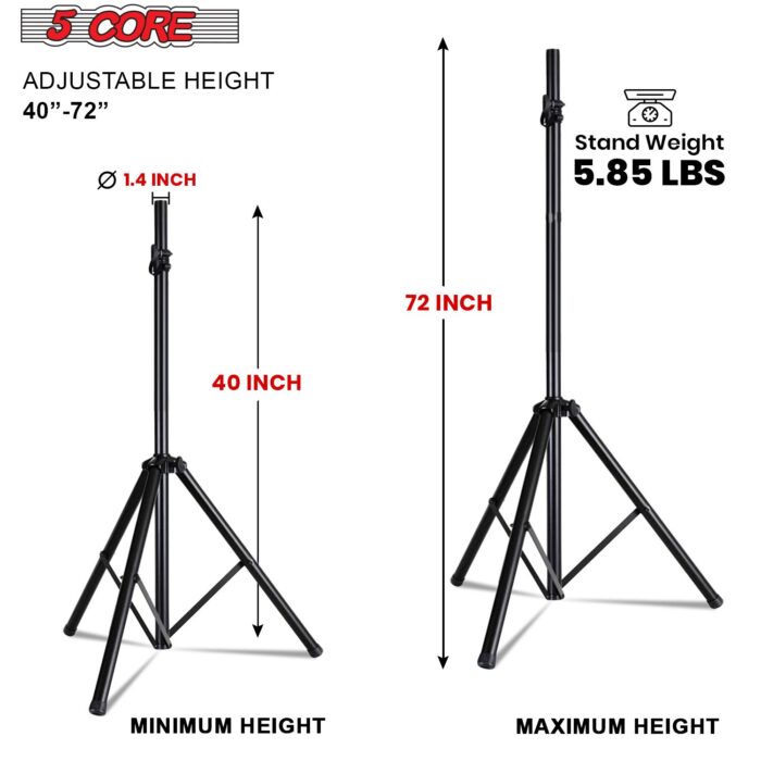 5 Core Speaker Stand Tripod Pair Floor Heavy Duty Adjustable Up to 72 Inch DJ Studio Monitor Stands Pole Mount - SS HD 2PK BLK BAG - Image 3