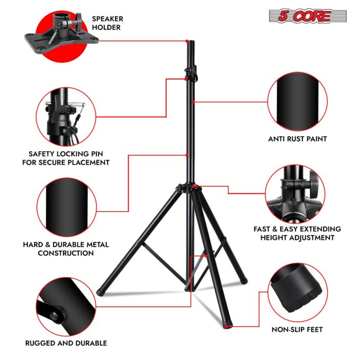 5 Core Speaker Stand Tripod Pair Floor Heavy Duty Adjustable Up to 72 Inch DJ Studio Monitor Stands Pole Mount - SS HD 2PK BLK BAG - Image 9