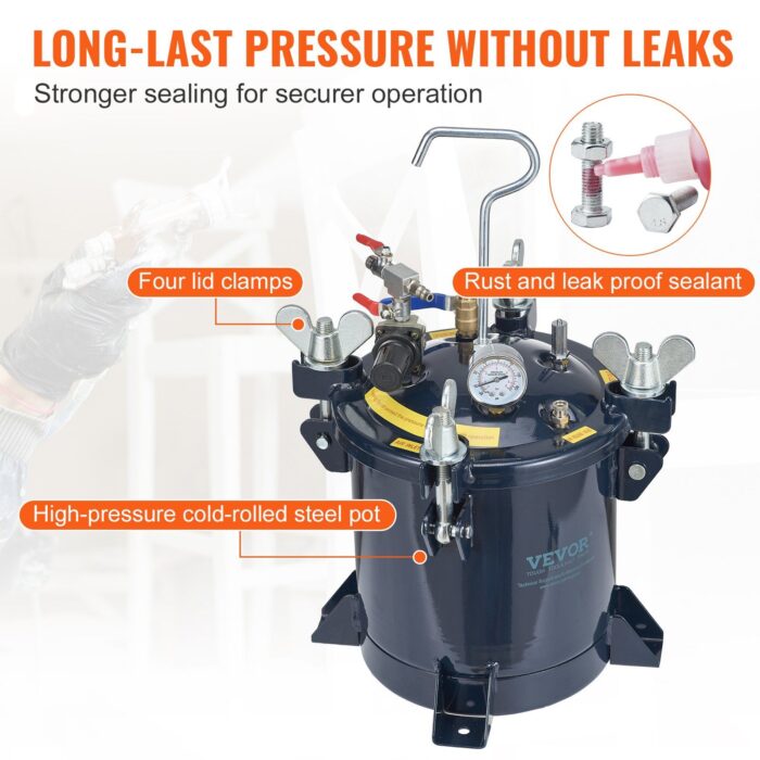 VEVOR 10L/2.5gal Spray Paint Pressure Pot Tank, 70PSI Max Air Paint Pressure Pot, Metal Rack and Leak Repair Sealant for Industry Home Decor Architecture Construction Automotive Painting - Image 4