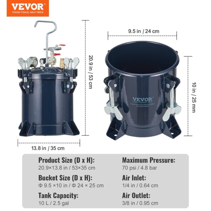 VEVOR 10L/2.5gal Spray Paint Pressure Pot Tank, 70PSI Max Air Paint Pressure Pot, Metal Rack and Leak Repair Sealant for Industry Home Decor Architecture Construction Automotive Painting - Image 7