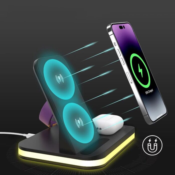 3-in-1 Fast Wireless Charging Station for iPhone 12/13/14 Series, Apple Watch AirPods - 15W Power, Night Stand Mode (Black) - Image 5