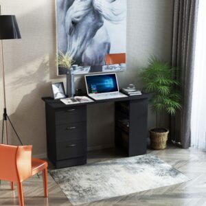 HOMCOM 47" Modern Home Office Computer Workstation Desk with 3-Tier Shelves 3 Storage Drawers - Black