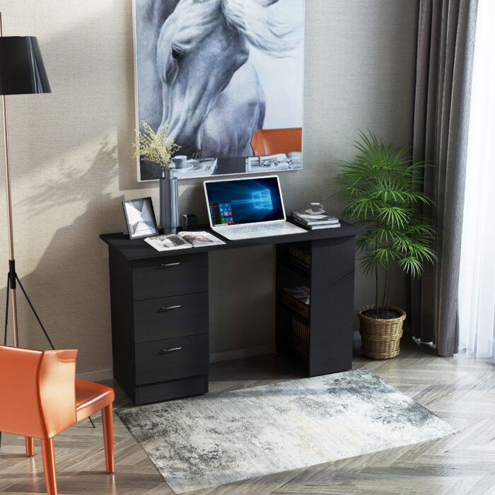HOMCOM 47" Modern Home Office Computer Workstation Desk with 3-Tier Shelves 3 Storage Drawers - Black