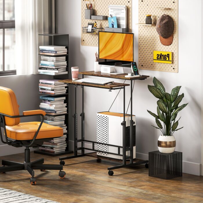 HOMCOM Adjustable Standing Desk with Power Outlets, Stand Up Desk with Tiltable Tabletop, Wheels, Shelf, for Home Office, Brown