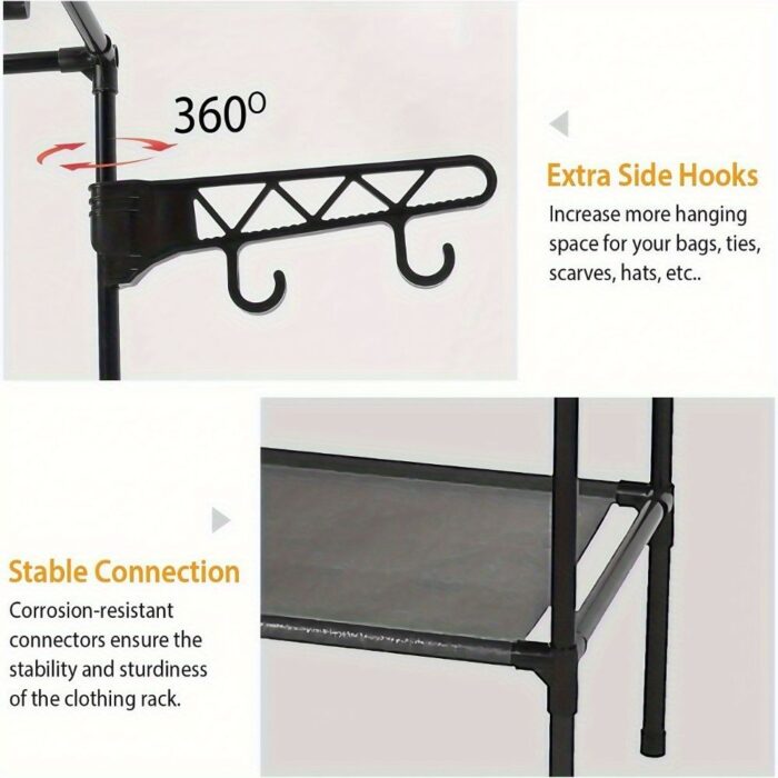 Clothing Rack Clothes Rack, 66'' Multifunctional Garment Rack for Hanging Clothes, 4 Tiers Portable Closet Rack with 4 Hooks & 2 Hanging Rods, Coated Metal Freestanding Closet Wardrobe System, Black - Image 2