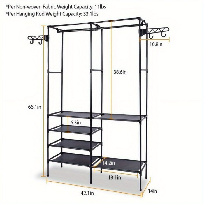 Clothing Rack Clothes Rack, 66'' Multifunctional Garment Rack for Hanging Clothes, 4 Tiers Portable Closet Rack with 4 Hooks & 2 Hanging Rods, Coated Metal Freestanding Closet Wardrobe System, Black - Image 3
