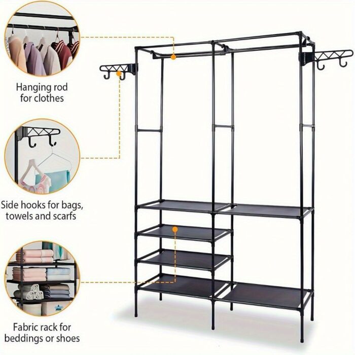 Clothing Rack Clothes Rack, 66'' Multifunctional Garment Rack for Hanging Clothes, 4 Tiers Portable Closet Rack with 4 Hooks & 2 Hanging Rods, Coated Metal Freestanding Closet Wardrobe System, Black - Image 5