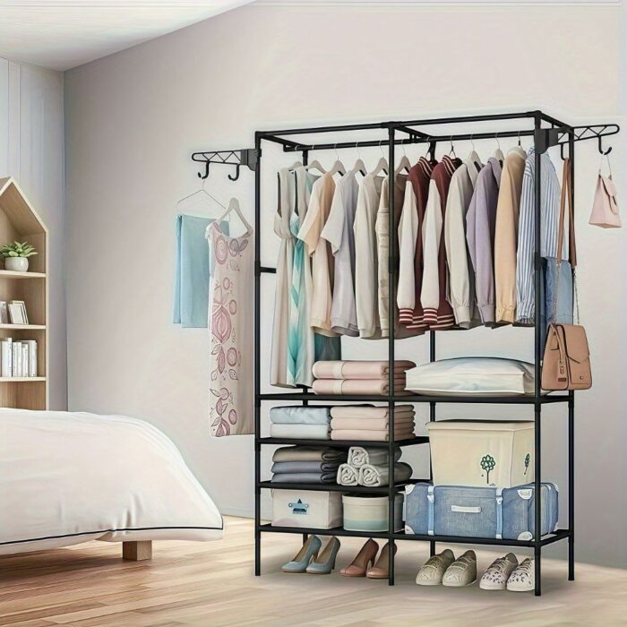 Clothing Rack Clothes Rack, 66'' Multifunctional Garment Rack for Hanging Clothes, 4 Tiers Portable Closet Rack with 4 Hooks & 2 Hanging Rods, Coated Metal Freestanding Closet Wardrobe System, Black - Image 6