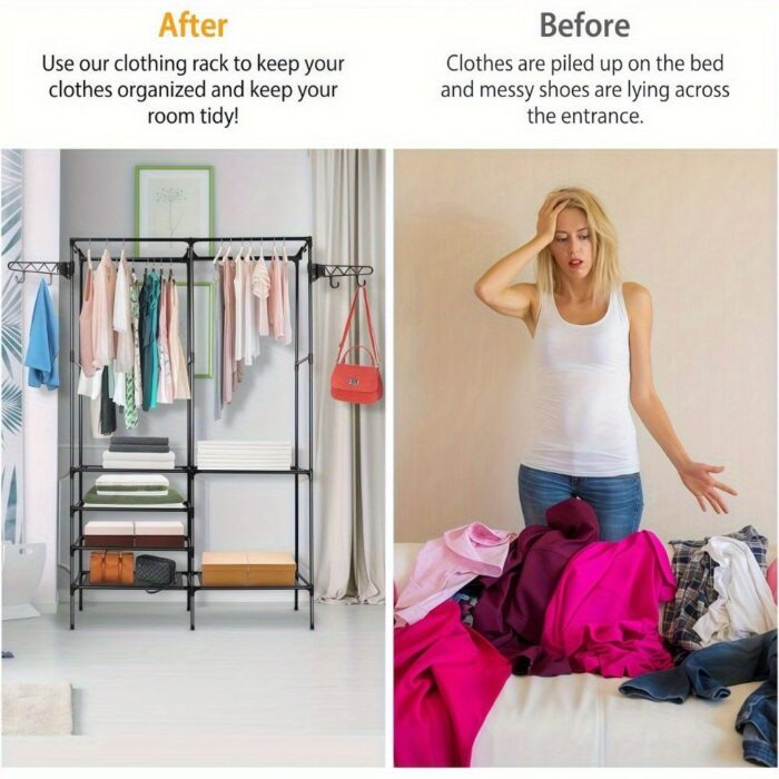 Clothing Rack Clothes Rack, 66'' Multifunctional Garment Rack for Hanging Clothes, 4 Tiers Portable Closet Rack with 4 Hooks & 2 Hanging Rods, Coated Metal Freestanding Closet Wardrobe System, Black - Image 7