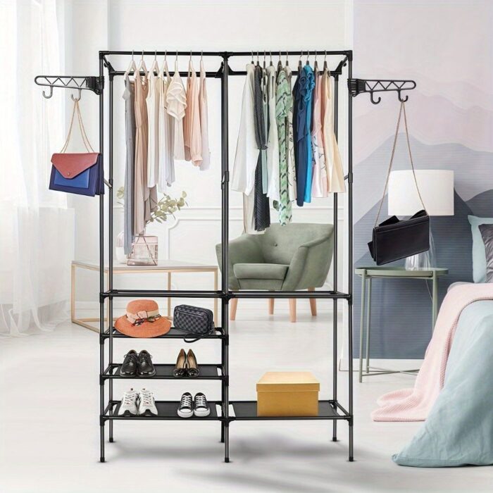 Clothing Rack Clothes Rack, 66'' Multifunctional Garment Rack for Hanging Clothes, 4 Tiers Portable Closet Rack with 4 Hooks & 2 Hanging Rods, Coated Metal Freestanding Closet Wardrobe System, Black - Image 8