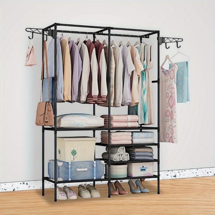 Clothing Rack Clothes Rack, 66'' Multifunctional Garment Rack for Hanging Clothes, 4 Tiers Portable Closet Rack with 4 Hooks & 2 Hanging Rods, Coated Metal Freestanding Closet Wardrobe System, Black - Image 9